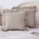 Taupe Plaid Ruffle Decorative Throw Pillow Covers for Couch 20"x20",2 Pack Vintage Checkered Washed Cotton Pillowcases for Bed, Sofa, Living Room