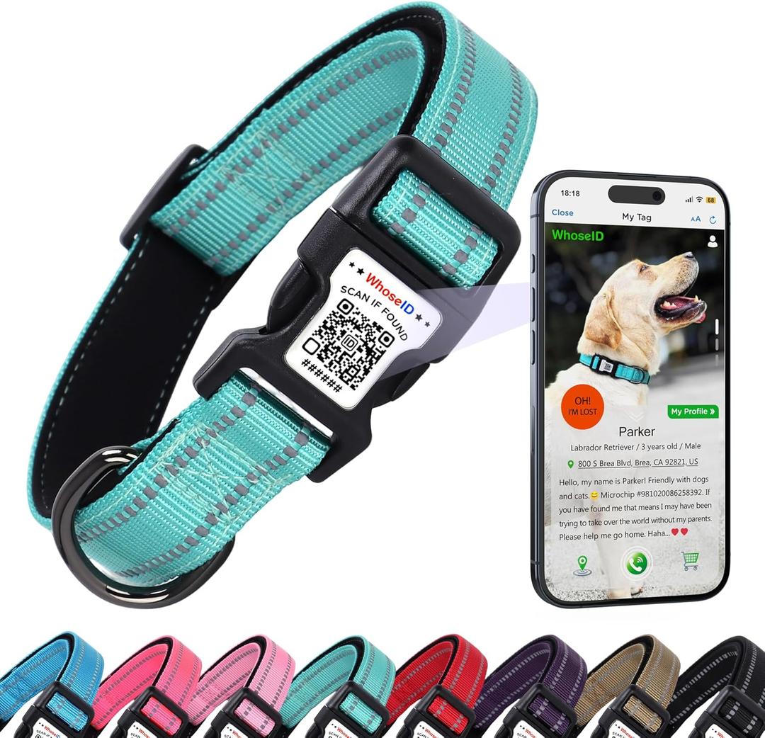 Dog Collar with QR Code, Reflective Pet Collar, Soft Neoprene Padded & Safety Locking Buckle Adjustable Dog Collar for Large Dogs(Teal,L)