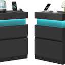 VASAGLE Kailyn Collection - Nightstands with Power Outlets, Sliding Lid, Modern Bedside Tables with LED Lights, End Tables, 2 Drawers, Set of 2, 15.7 x 18.9 x 26.8 Inches, Ink Black ULET650BC01S-2J, 2 PACK