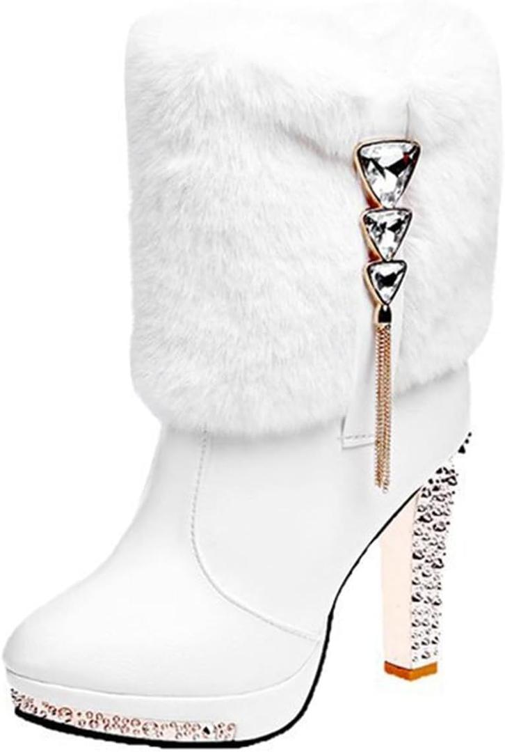 Purubylley Women's Winter Fur Warm Plush Ankle Boots,Fashion Rhinestones Deco Side Zipper Non-slip Warm Closure Chunky High Heel Snow Boots (6, White)