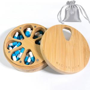 Bamboo Wood Pill Organizer for Medicine Vitamin Weekly, 7 Day Tablet Organizer,Pill Box Medium Container Holder, Daily Portable Travel Pill Case