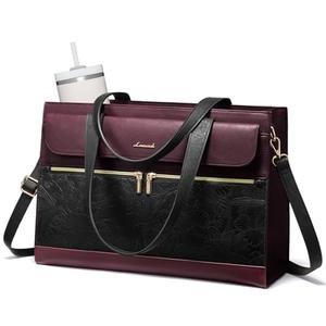 LOVEVOOK Laptop Tote for Women 15.6 Inch, PU Leather Waterproof Work Tote with Large Tumbler Pocket, Peony Embossed Textured Computer Bag, Organized Teacher Office Business Crossbody Handbag