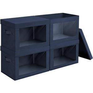 Foldable Storage Boxes with Lids - Decorative Storage Boxes with Clear Window, Fabric Storage Baskets for Organizing, Closet Storage for Clothes, Yarn, Home, Navy Blue, Pack of 4