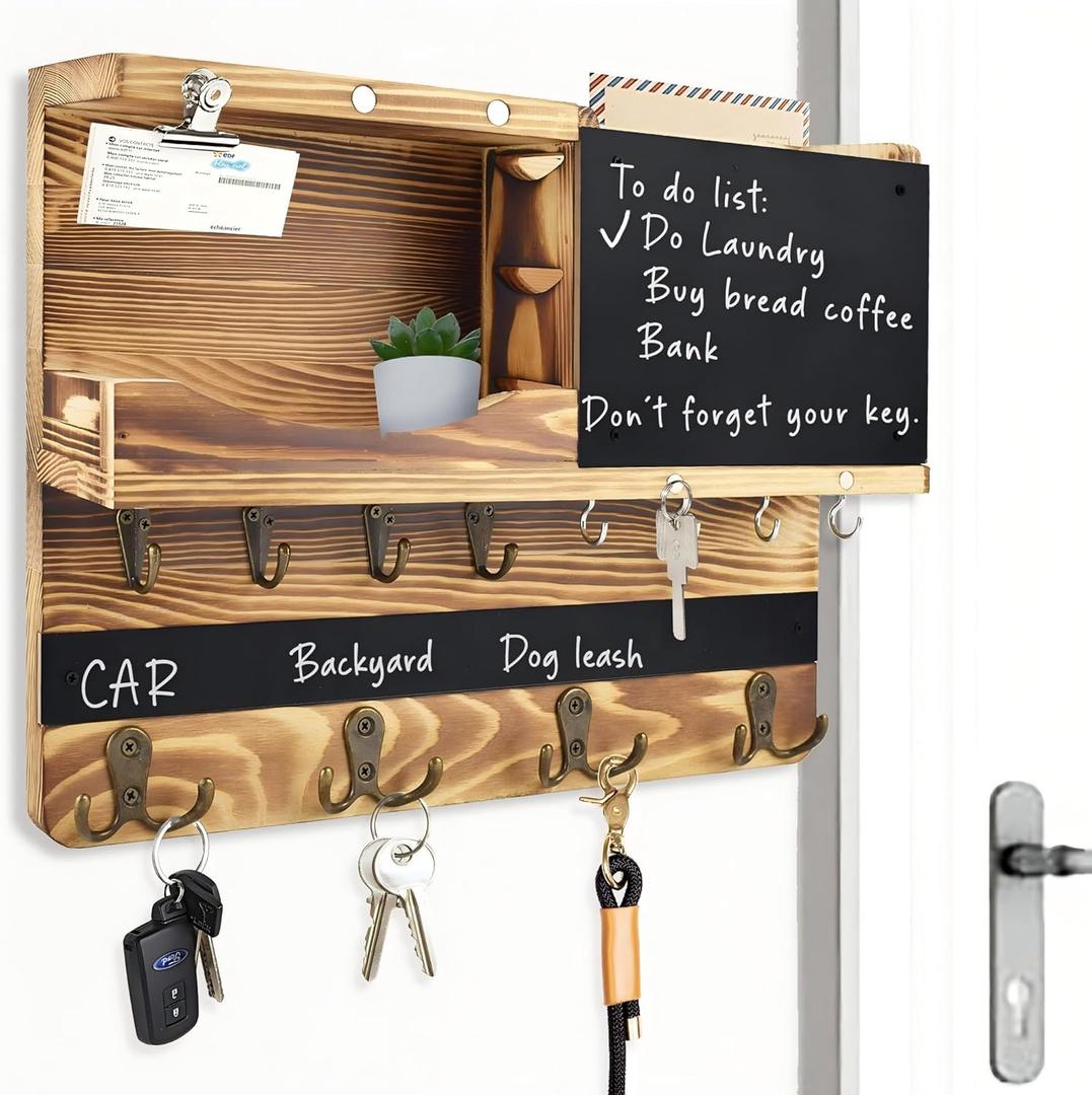 Key Holder for Wall Mount with Shelf and Mail Organizer, Key and Mail Holder with 16 Hooks, Farmhouse Entryway Organizer, Home Decor Rack(Pine Wood, Wood Color)