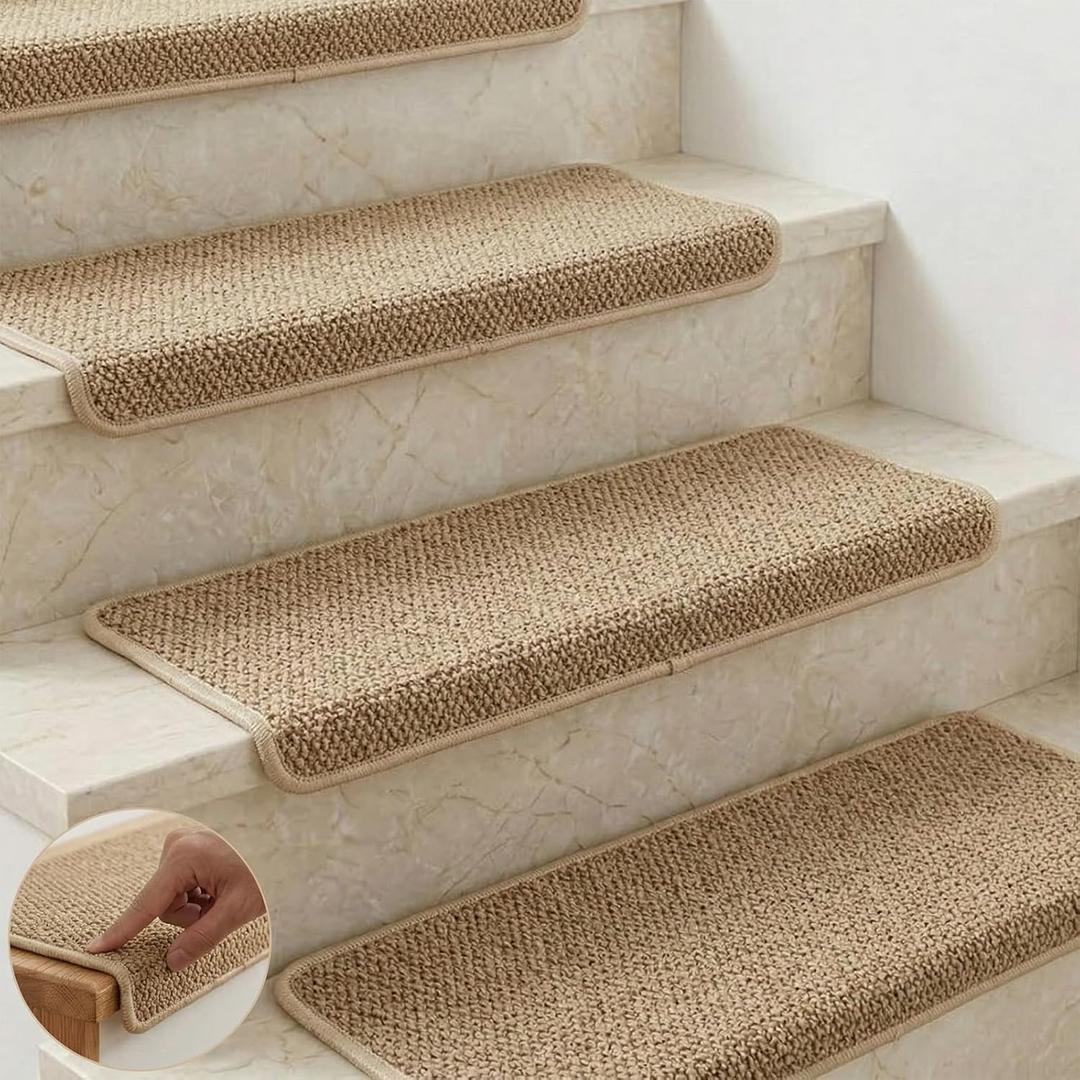 Bullnose Carpet Stair Treads for Wooden Steps, Non-Slip Self-Adhesive Stair Tread Mat, Indoor Corridor and Pet Stair Carpet, Washable, Preventing Pets, 29.5"x9.5"x1.5" 14pcs, Camel