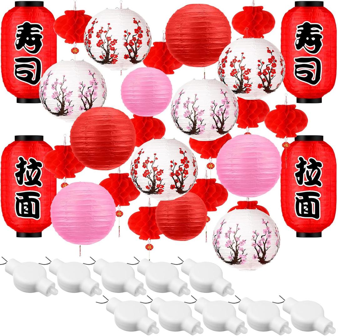 Tuanse 40 Pcs Japanese Chinese Paper Lanterns Decorations LED Cherry Blossom Chinese Red Paper Lantern Lights for Indoor Outdoor(Red, Pink)