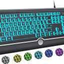 KOPJIPPOM Large Print Backlit Computer Keyboard, USB Full Size Wired Keyboards with 7-Colors Backlight, Wrist Rest, Light Up Keyboard for Windows, PC, Laptop - Easy to See, Easy to Setup (Black)