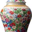 8 inches Ginger Jar with Lid- colored flowers pattern Ceramic Decorative Ginger Jars， chinoiserie gift Enamel decor jar for Home/Kitchen/Dining/living room/shelf decor/Tea Storage