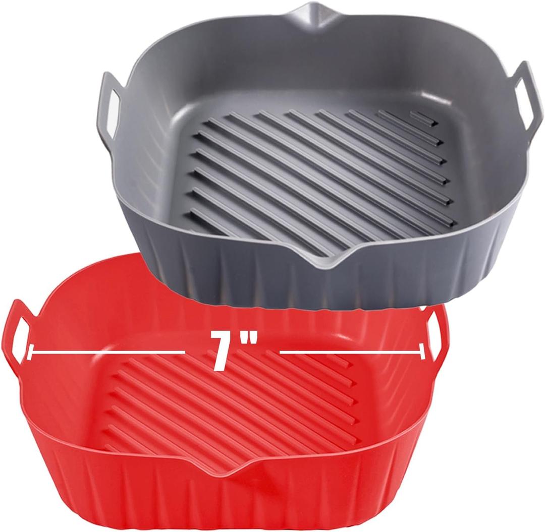 Silicone Liners Square for 6.5 to 7.5 inch Air Fryer, 2 Pcs Non-stick Food-grade Reusable Basket Baking Tray Airfryer Accessories, Top Size 7 inches, Bottom Size 6.3 inches