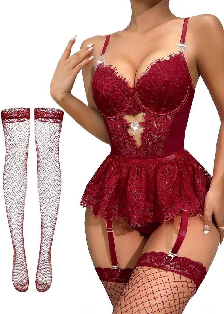 Lilosy Sexy Stocking Rhinestones Heart Garter Underwire Floral Mesh lace Sheer Babydoll Lingerie Teddy Bodysuit Skirt Set Women 2 3 Piece Push Up See Through, Burgundy Red, X-Large