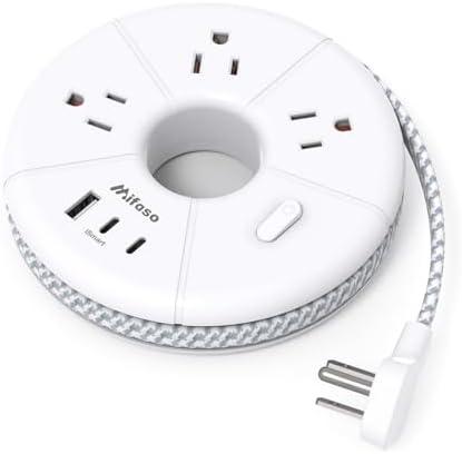 Flat Extension Cord, 5FT USB C Power Strip, Travel Power Strip - 3 AC 3 USB Ports (2 USB C) Desktop Charging Station, No Surge Protection for Cruise Ship Essentials, Dorm Room, Nightstand, Travel