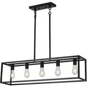 XILICON Kitchen Island Lighting Farmhouse Chandeliers Black 5 Light Modern Dining Room Lighting Fixtures Hanging, Kitchen Island Cage Linear Pendant Lights Ceiling Light