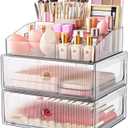 3 Tier Clear Makeup Organizer with Drawer, PET Cosmetic Storage for Dresser, Countertop & Bathroom Vanity, Holders for Lipstick, Brushes, Skincare & Beauty Supplies