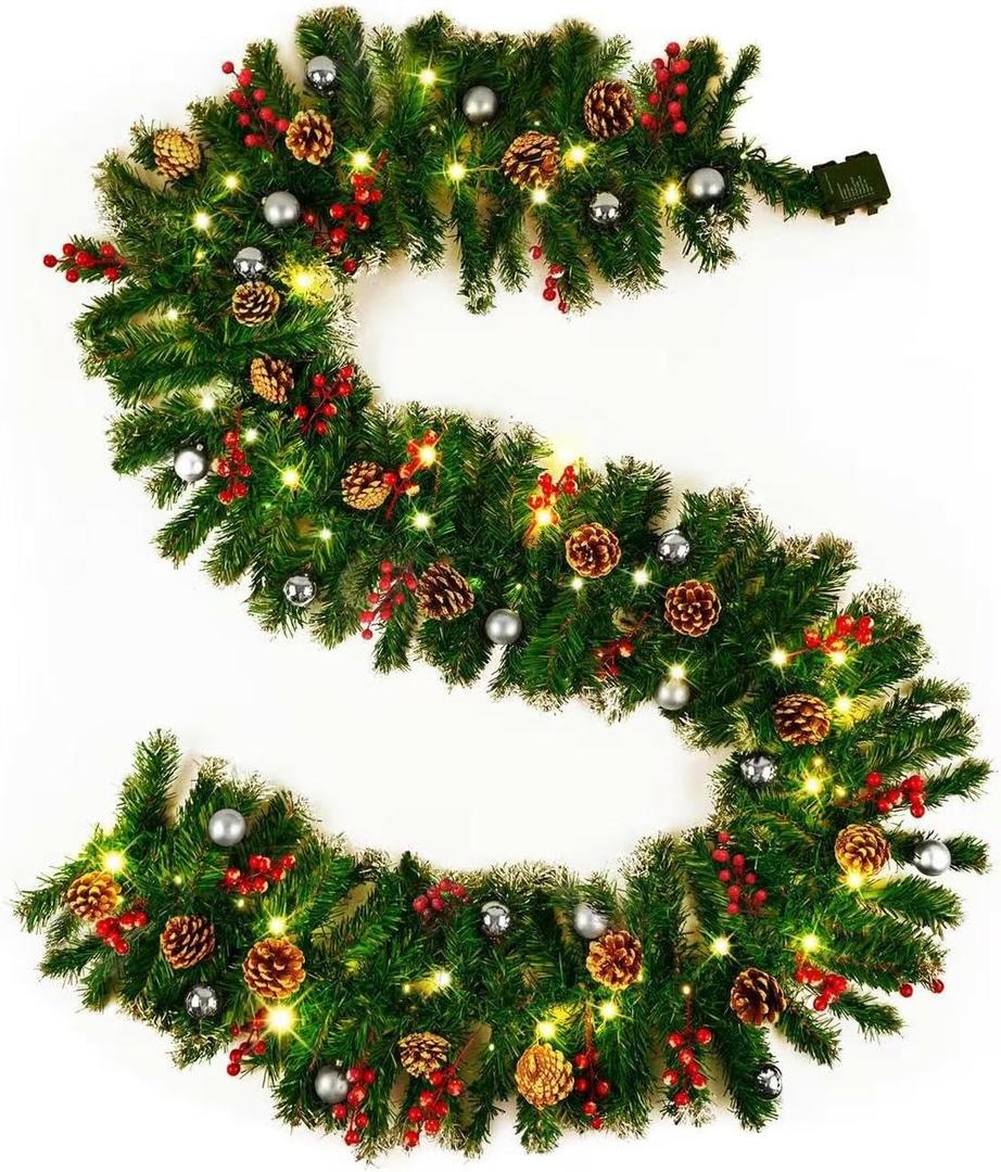 9FT Christmas Garland with Lights, Pre-Lit Christmas Garland Decorated with Red Berries Silver Balls and Pinecones, Battery Operated Christmas Decorations for Mantle Fireplace Indoor Outdoor Home