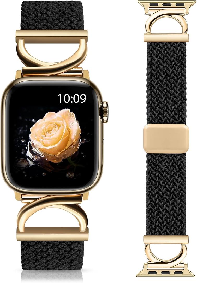 Minyee Magnetic Braided Band Compatible with Apple Watch Bands 42/41/40/38/44/45/46/49mm Women, Dressy Designer C-Shape Metal Elastic Stretchy Strap for iWatch Series 11 10 9 8 7 6 5 4 SE/Ultra 3 2 1