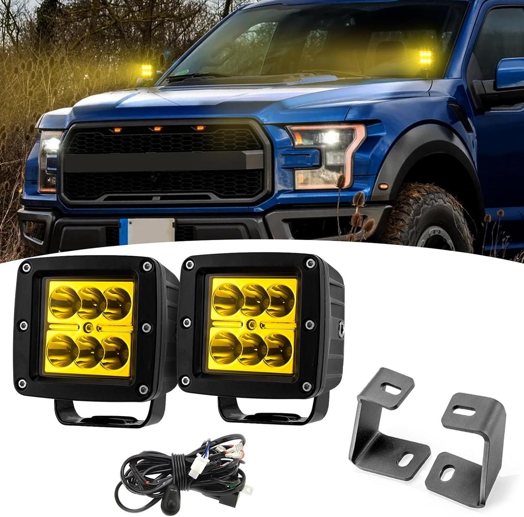 Wsays 2PCS LED Amber Light Pods & Ditch Hood Hinge LED Pod Mount Bracket w/Wiring Kit Compatible with Ford Raptor 2017-2023 Fit F-150