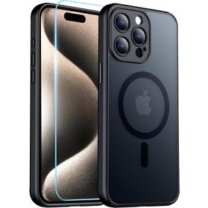 2 x Red2Fire Magnetic for iPhone 15 Pro Case,Upgraded Full Camera Protection,Compatible with Magsafe,Shockproof Protective Translucent Matte Phone Case for iPhone 15 Pro - Black