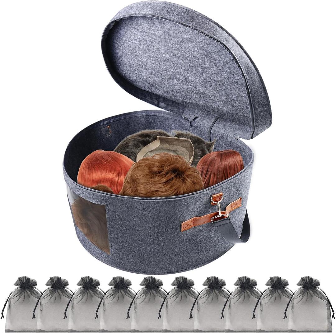 Wig Storage Boxes,Wig Travel Cases Foldable for Multiple Wigs for Men and Women,Yarn Organizer, Cosmetic Cabinet Storage Bag (Medium Grey)