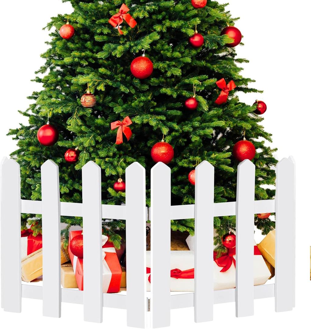 RUODON 4 Pack Thick Christmas Tree Fences White Wooden Picket Fences Tree Fence Border Decoration for Xmas Wedding Party Decor Garden Home, 15.7 x 12 Inches