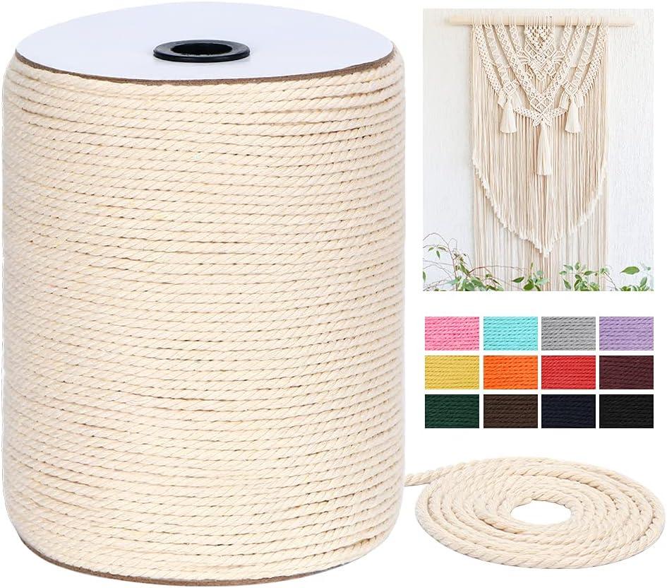 Macrame Cord 4mm x 328Yards(984Feet),Natural Cotton Macrame Rope - 3 Strands Twisted Macrame Cotton Cord for Wall Hanging, Plant Hangers, Crafts, Gift Wrapping and Wedding Decorations