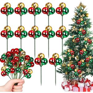 Syhood 12 Set 7.9 Inch Christmas Ball Picks and Sprays Shatterproof Xmas Red Green Gold Ball Ornaments on Wired Picks for Christmas Tree Vase Wreath Stairs Garland Decoration Supplies