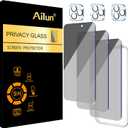 Ailun 3Pack Privacy Screen Protector for iPhone 15 Pro Max [6.7 inch]+3Pack Camera Lens Protector with Installation Frame,Dynamic Island Compatible,Anti Spy Tempered Glass[9H Hardness]-HD | Sensor Protection, Anti Spy, Tempered Glass, [9H Hardness]