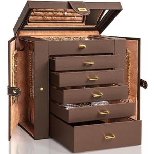 AKOZLIN Extra Large 6-Tier Jewelry Box Organizer with Mirror, 5 Drawers Leather Jewelry Storage Case for Women Girls Ring Necklace Earring Bracelet Brown