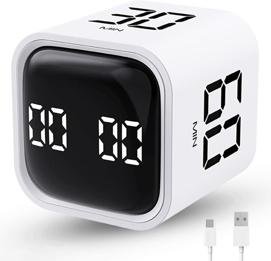 Productivity Timer Flip Gravity Sensor Cube Timer Countdown & Countup,Mute & Vibrate & Sound5/10/30/60min & Custom Timing, Perfect for ADHD,Work,Learning,Kitchen Cooking (1White)