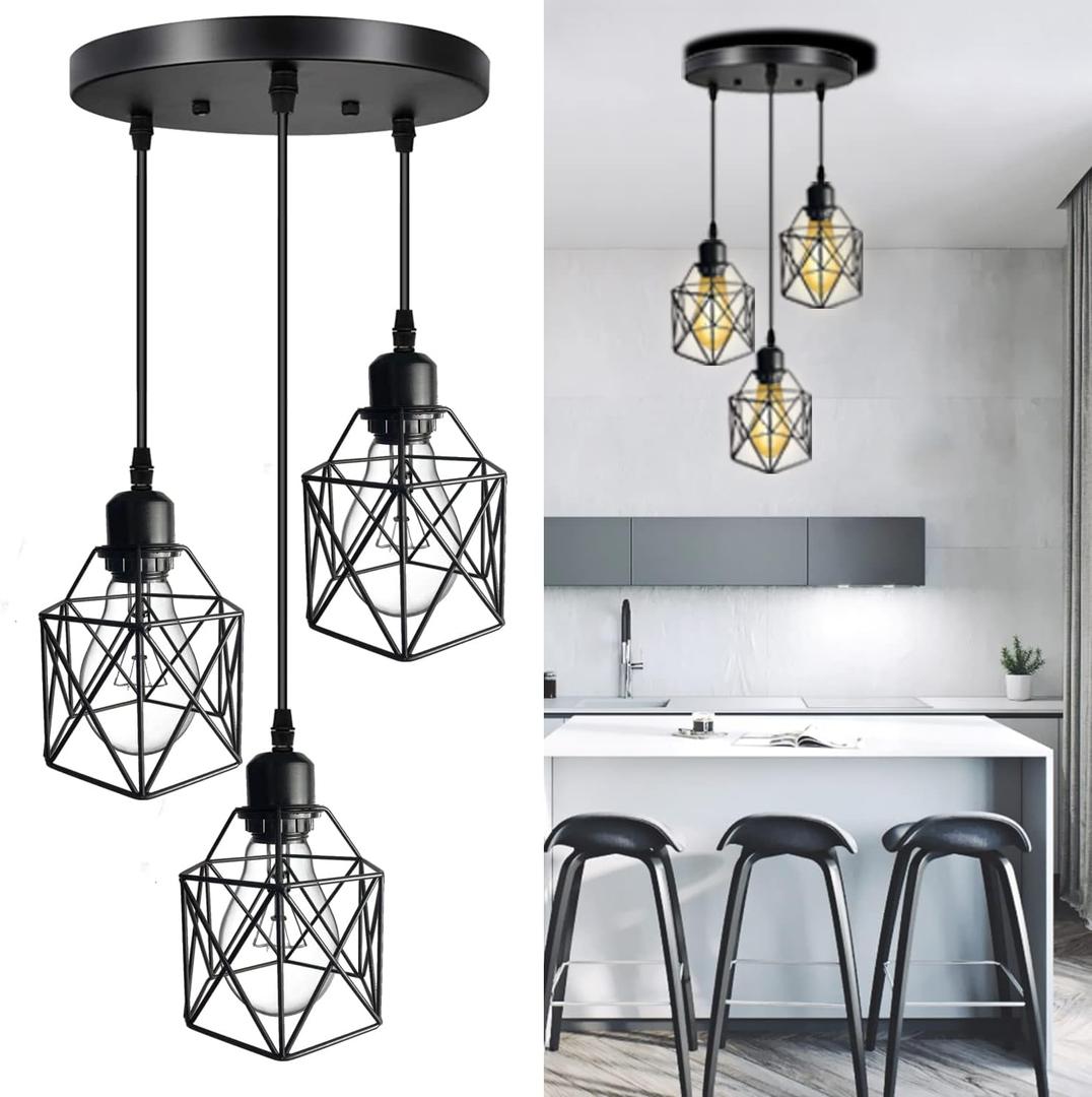 Industrial Pendant Light 3-Light,Adjustable Hanging Light Fixtures,Vintage Farmhouse Pendant Light with Metal Caged for Kitchen Dining Room Hallway,E26 Base,Black