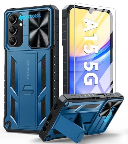 FNTCASE for Samsung Galaxy A15-5G Case: Protective Shockproof Rugged Military Grade Drop Protection A15 Cell Phone Mobile Cover with Kickstand | TPU Matte Textured Tough Hybrid Hard Cases - Blue