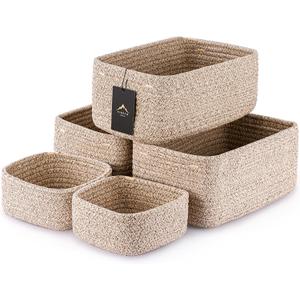 VIRETH HAUS 5-Pack Small Woven Rope Storage Baskets  2 Sizes Organizer Bins for Closet, Shelf, Bookshelf, Nursery, Changing Table, Fabric Cube Boxes, Rectangular Shallow Bins for Bathroom, Toy & Home (11.81*7.48*4.72'' & 5.91*5.91*2.56'', Natural)
