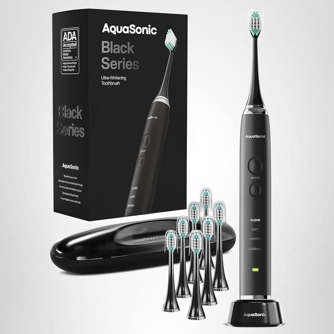 Aquasonic Black Series Ultra Whitening Toothbrush – ADA Accepted Electric Toothbrush- 8 Brush Heads & Travel Case – 40,000 VPM Electric Motor & Wireless Charging - 4 Modes w Smart Timer