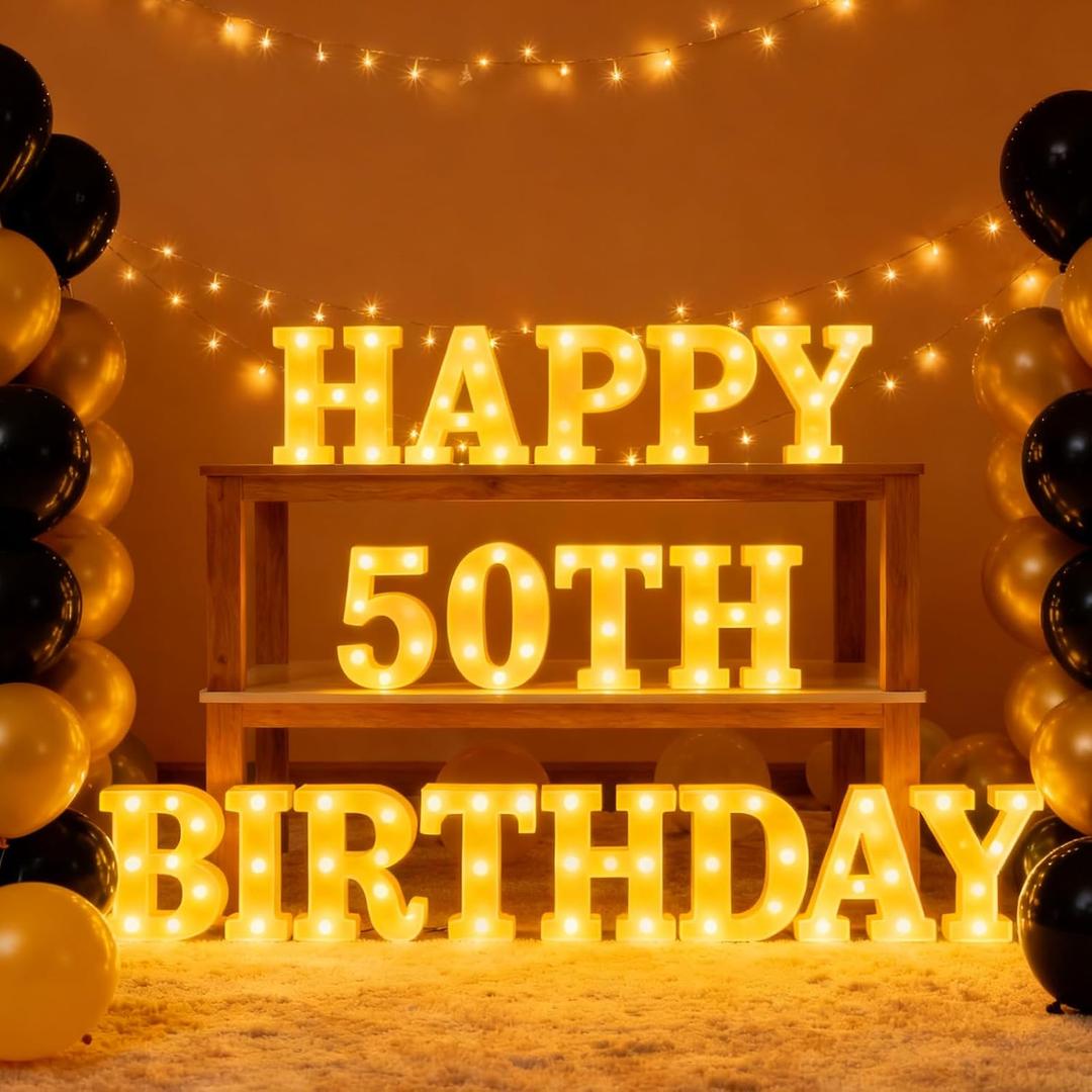 Honoson 17 Pcs 50th Birthday Party Decoration Happy 50th Birthday Light up Table Sign 6.42 Inch LED Neon Marquee Lights for Room Table Wall Decoration Party Supplies (Yellow)