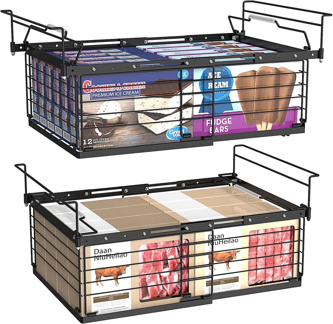 NADAMOO Hanging Chest Freezer Organizer Bins, 2 Pack Large Expandable Freezer Baskets for Chest Freezer, Metal Adjustable Storage Containers for Deep Freezer - Black