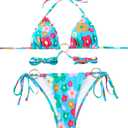 Women Halter String Bikini Set Sexy Thong Cheeky Two Piece Swimsuits Solid Color Bathing Swimwear (Flower, Medium)
