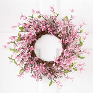 Collections Etc Spring Forsythia Floral Twig Door Wreath - Seasonal Door Accent for Any Room, Pink