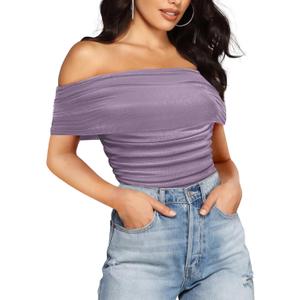 SAUNGKUAI Women's Short Sleeve Bodysuit Off the Shoulder Mesh Ruched One Piece Body Suits Summer Outfits (X-Large, Purple)