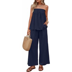 ZESICA Women's Summer 2 Piece Sets 2026 Spring Casual Strapless Tube Top Wide Leg Pants Ruffle Beach Vacation Outfits, Size S