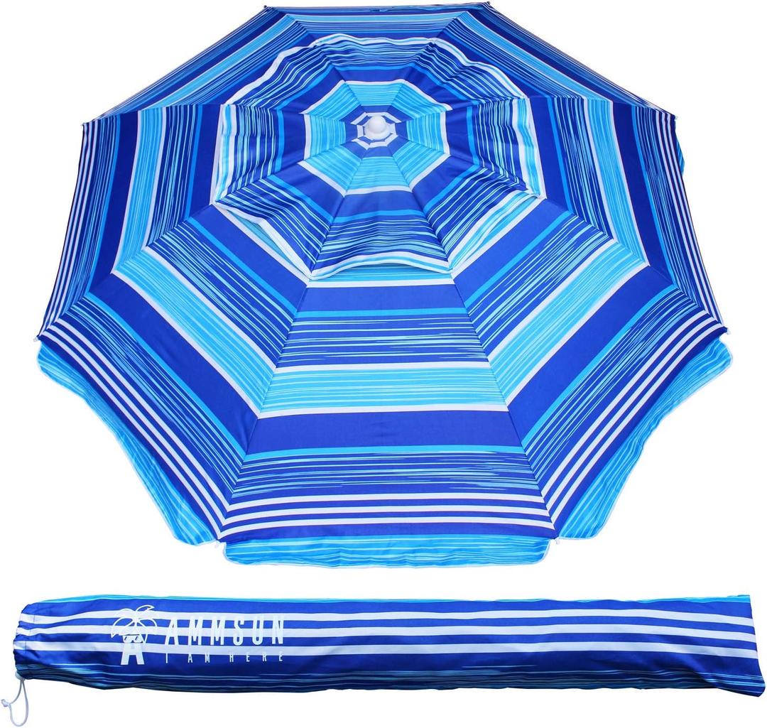 AMMSUN 6.5 ft Heavy Duty Beach Umbrella for Sand with tilt Air Vent Sun Shelter, UV 50+ Protection Outdoor Sunshade Umbrellas and Parasols with Carry Bag for Patio Garden Beach Pool stripe Blue