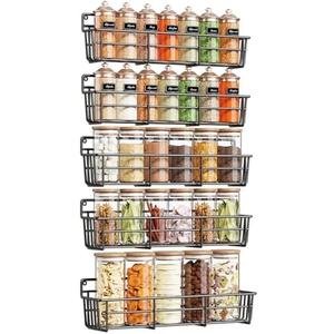Mystozer 5 Pack Spice Rack Seasoning Organizer Wall Mount, Screw or Adhesive Hanging Shelf Basket Spice Organizer Shelf for Kitchen, Black