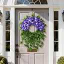 Artificial Hydrangea Wreath for Front Door Outside - Fake Hydrangea Real Touch Ivy, Spring Summer Greenery Flowers Wreath, for Home Mantel Window Farmhouse Decor (23", Purple)