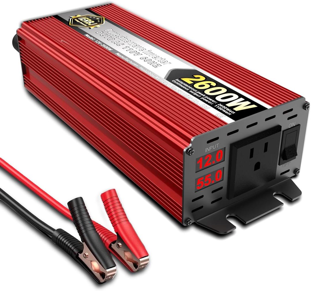 IERBJ 1100W Power Inverter, DC 12V to AC 110V, 2600W Peak Power, LED Display, Pure Sine Wave,Cooling Fan,for Vehicles,Car,RV,Truck,Ship