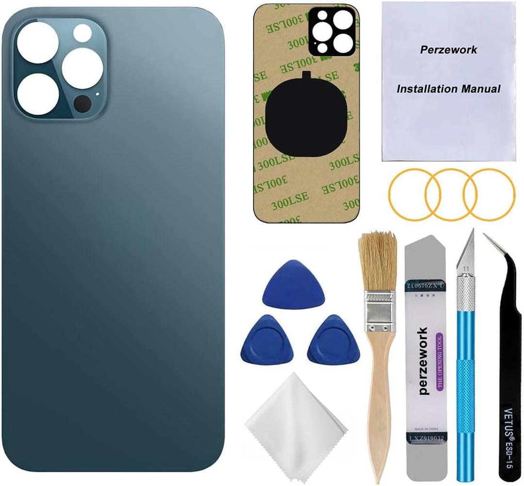 OEM Rear Back Glass Replacement (Pacific Blue) Compatible with iPhone 12 pro max 6.7 inches All Carriers with Pre-Installed Adhesive and Repairing Tool Kits