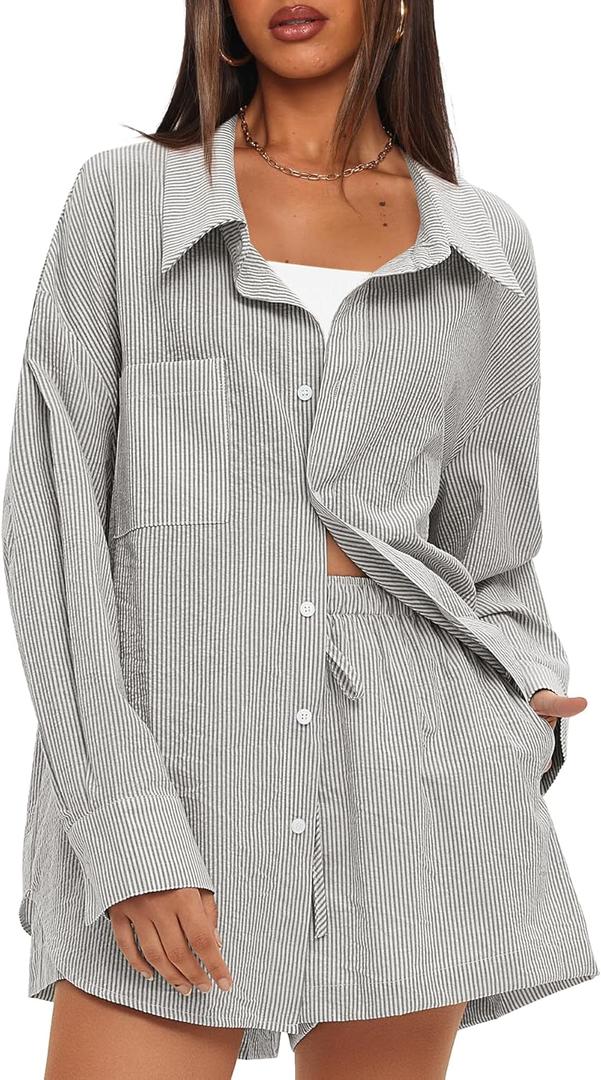 Darong Women's Summer 2 Piece Outfit Sets Long Sleeve Button Down Shirts Matching Short Sets Beach Vacation Lounge Set (XL)