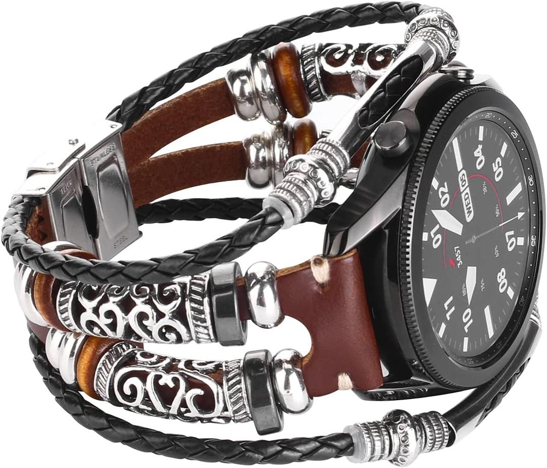 Compatible with Samsung Galaxy Watch 7&FE&6&5&4&3 Band/40mm 44mm/Watch 5 Pro/Watch 6&4 Classic 43mm/47mm/42mm/46mm/Active 2/Garmin Venu, 20mm Leather Bracelet Metal Buckle Strap for Women&Men