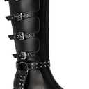 AlureAbys Women's Knee High Boots Riding Buckle Boots Chunky Heel Fashion Biker Motorcycle Boots Round Toe Platform Zipper Black Comfy Tall Boots for Women Moto Booties Rivets, Black Size 37