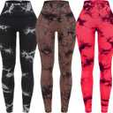 OVESPORT 3 Pack Tie Dye Seamless High Waisted Workout Leggings for Women Scrunch Butt Lifting Yoga Gym Athletic Pants (Small, Brown/Black/Light Red)