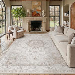 PureCozy 9x12 Washable Area Rug Beige Non Slip Thick Soft Vintage Carpet