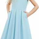 JE Sterguard Girls Dresses with Pockets, Girl Skater Dress for Girls 4t-14 Cotton Sleeveless Party Casual Clothes (Blue, XL)