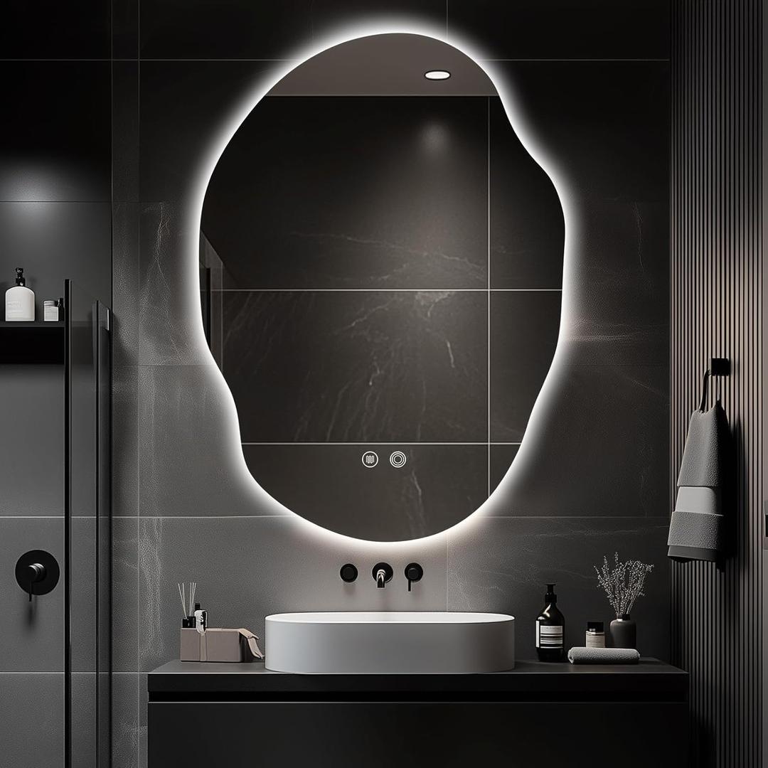 LED Bathroom Mirror with Lights,25x35 in Asymmetrical Led Bathroom Mirror for Wall, Backlit Mirror with Anti-Fog,3 Colors and Dimmable Light,[Horizontal/Vertical] (Clear)